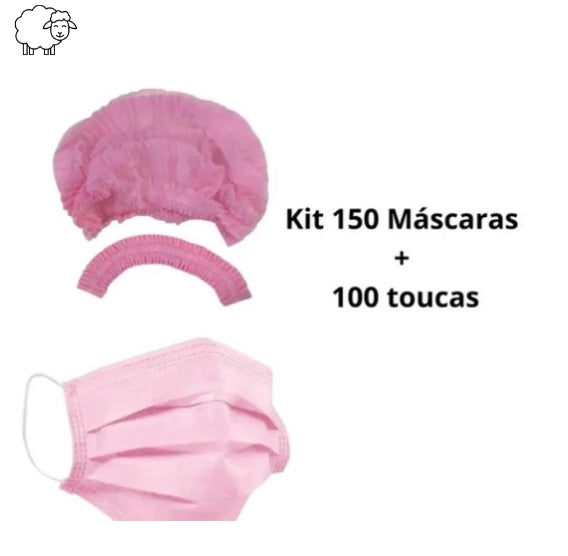 Kit 100 unidades de Touca Rosa + 150 Máscaras Rosa Descartável