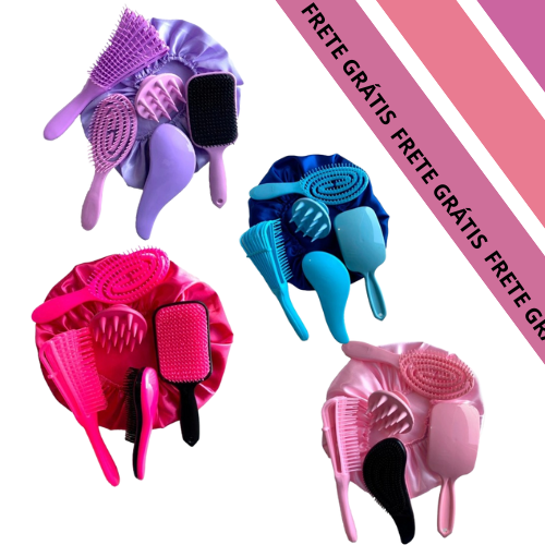 Kit 05 Escova Flex com Raquete Fashion Escova Mágica Massageador de Silicone e Touca de Cetim
