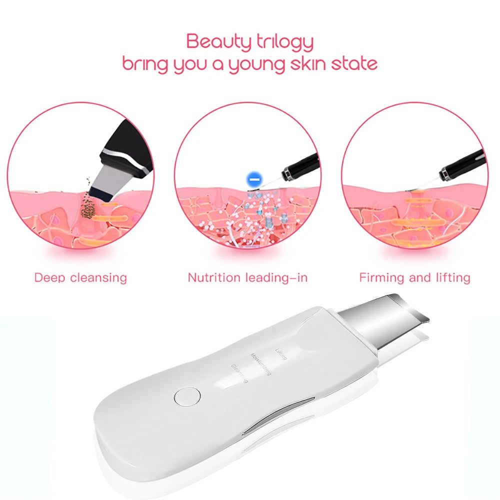 Facial Ultrassônico Scrubber com Vibração Profunda, Limpador Facial, Espátula para Remoção de Cravos, Massageador Facial