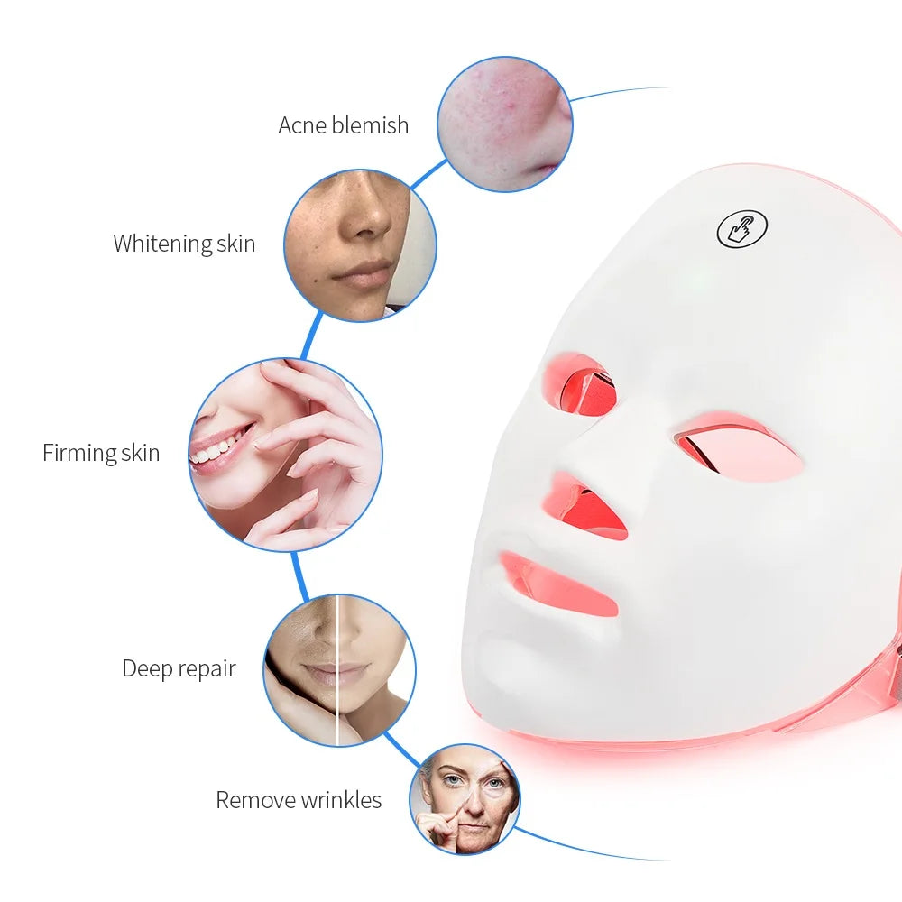 Máscara Facial LED Recarregável com 7 Cores, Terapia de Fotons LED, Máscara de Beleza para Rejuvenescimento da Pele, Levantamento Facial em Casa, Clareamento e Dispositivo de Beleza