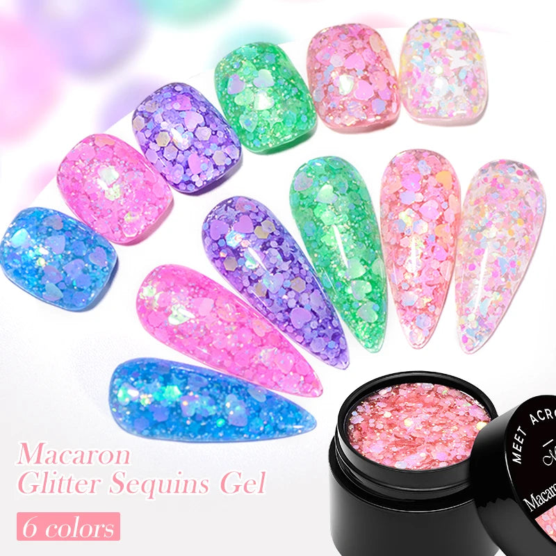 MEET ACROSS 8ml Macaron Glitter com Lantejoulas para Unhas, Esmalte em Gel com Corações Coloridos e Lantejoulas Irregulares, Gel para Arte em Unhas, Vernizes DIY