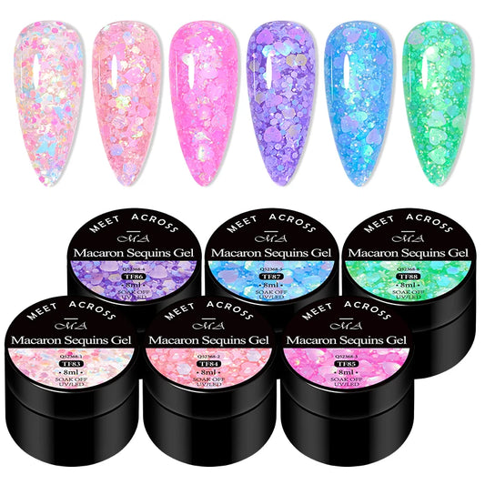 MEET ACROSS 8ml Macaron Glitter com Lantejoulas para Unhas, Esmalte em Gel com Corações Coloridos e Lantejoulas Irregulares, Gel para Arte em Unhas, Vernizes DIY