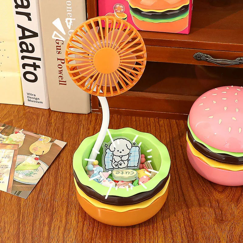 Mini Ventilador Portátil Fofo em Forma de Hambúrguer - Mini Ventilador USB de Mão com Espelho de Maquiagem Portátil - Ventilador de Mesa Recarregável para Escritório e Estudo no Verão**