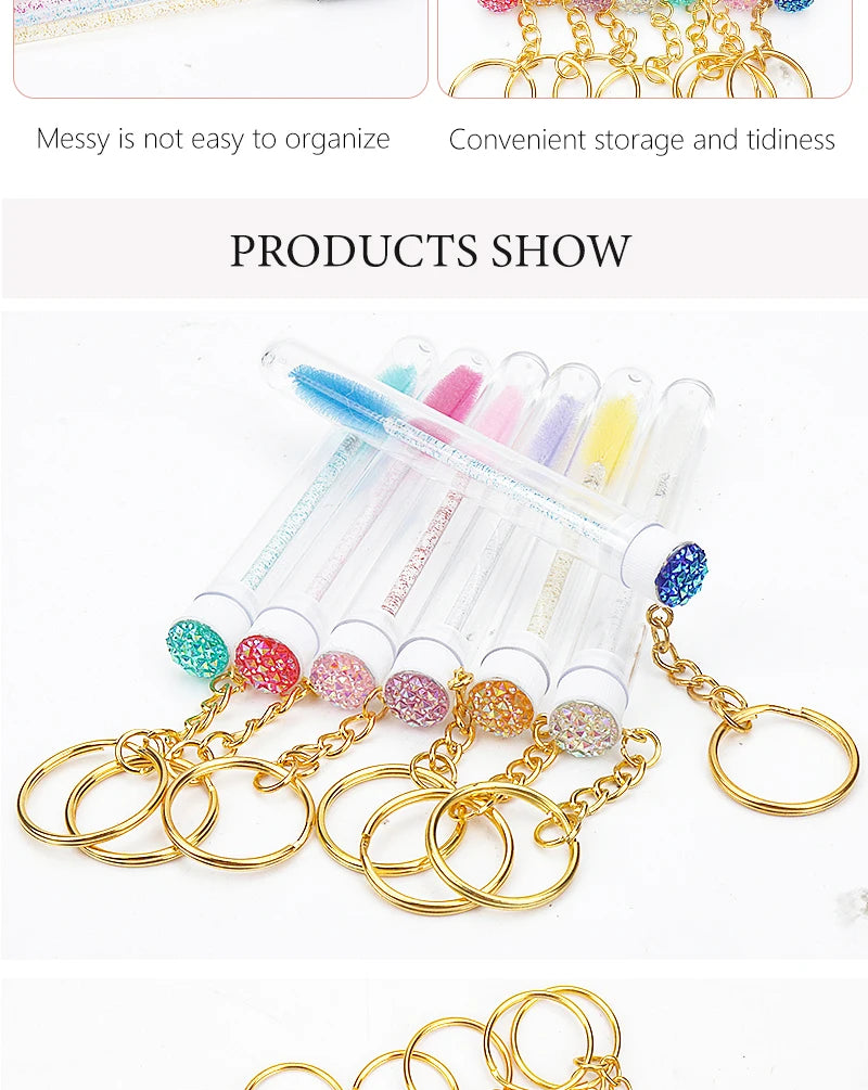 10 Peças Escova de Cílios em Tubo com Chaveiro Dourado e Glitter