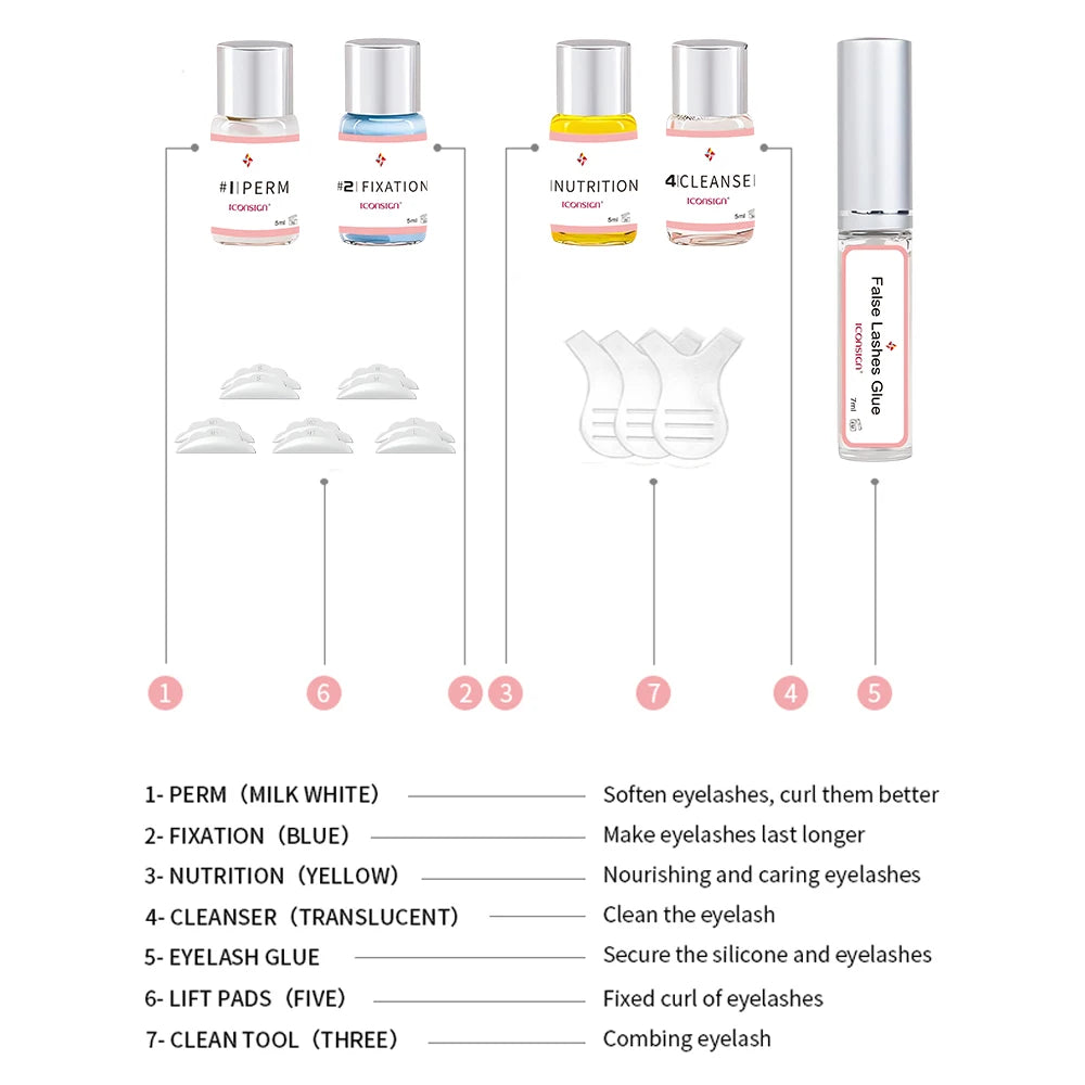 Kit de Lifting de Cílios ICONSIGN, Profissional, Permanente Semi-Permanente para Cílios e Sobrancelhas, Ondulação Duradoura por 6-8 Semanas, Ferramentas de Maquiagem