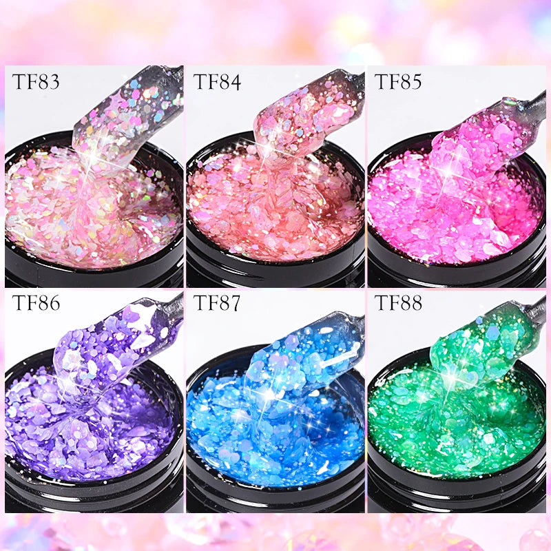 MEET ACROSS 8ml Macaron Glitter com Lantejoulas para Unhas, Esmalte em Gel com Corações Coloridos e Lantejoulas Irregulares, Gel para Arte em Unhas, Vernizes DIY