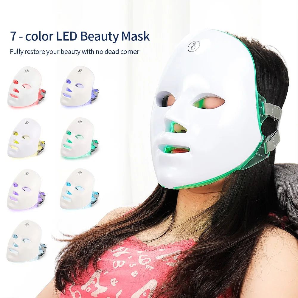 Máscara Facial LED Recarregável com 7 Cores, Terapia de Fotons LED, Máscara de Beleza para Rejuvenescimento da Pele, Levantamento Facial em Casa, Clareamento e Dispositivo de Beleza