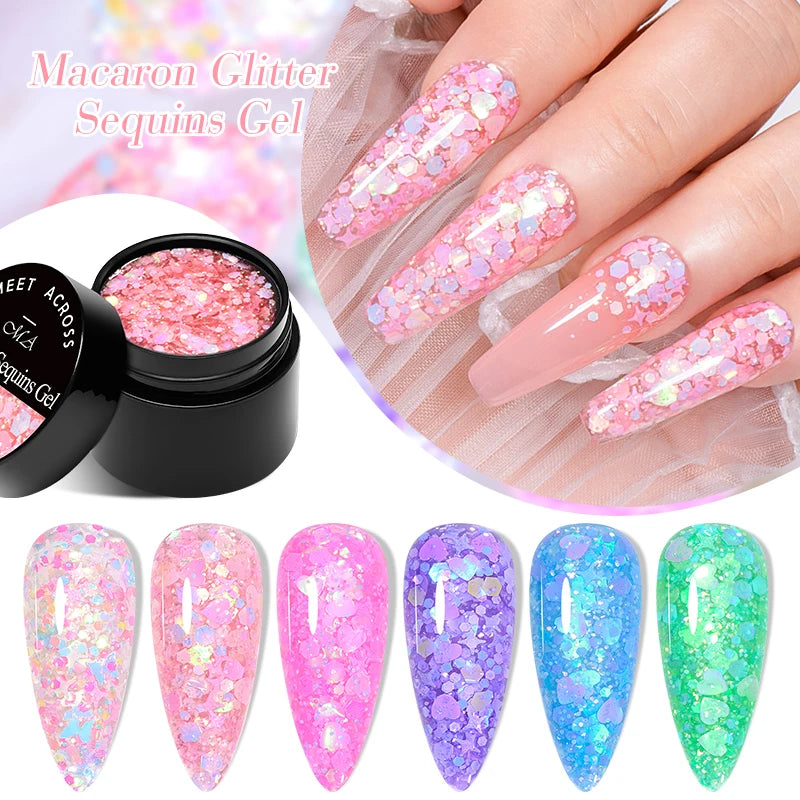 MEET ACROSS 8ml Macaron Glitter com Lantejoulas para Unhas, Esmalte em Gel com Corações Coloridos e Lantejoulas Irregulares, Gel para Arte em Unhas, Vernizes DIY