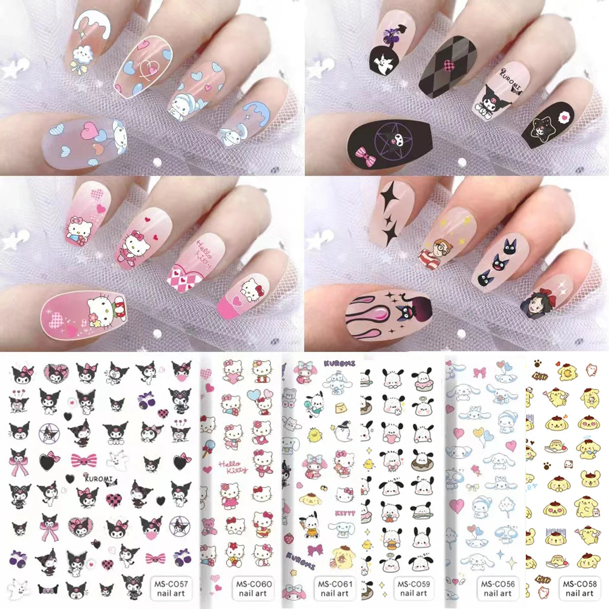 Adesivos para Unhas 3D Sanrio Kawaii - Cinnamoroll, Hello Kitty, My Melody, Kuromi, Decoração para Unhas