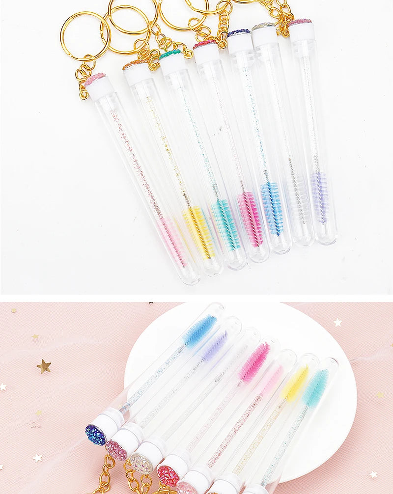 10 Peças Escova de Cílios em Tubo com Chaveiro Dourado e Glitter
