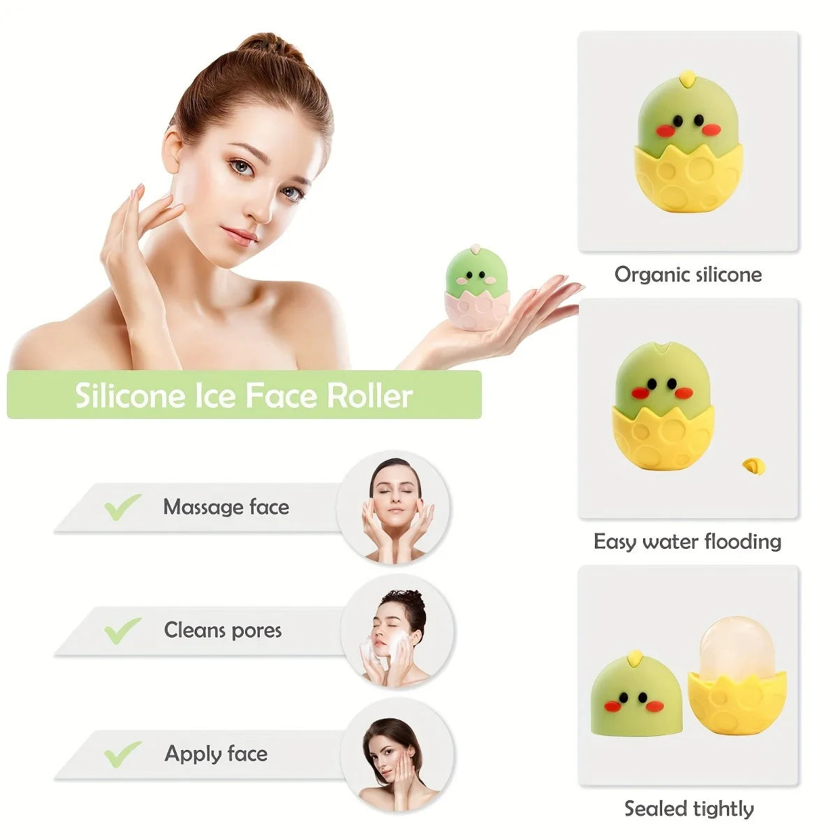 Massageador Facial, Roller de Gelo para o Rosto em Silicone, Alívio de Inchaço, Tonificação da Pele e Firmamento