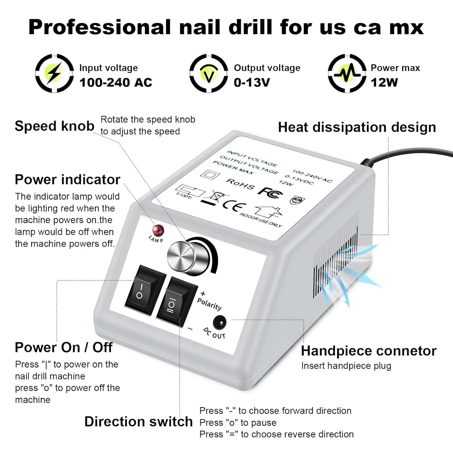 Aparador de Unhas Elétrico Profissional, Máquina de Broca para Unhas, Arquivo Elétrico para Unhas, Baixo Nível de Ruído, Ideal para Manicure de Acrílico e Arte em Gel