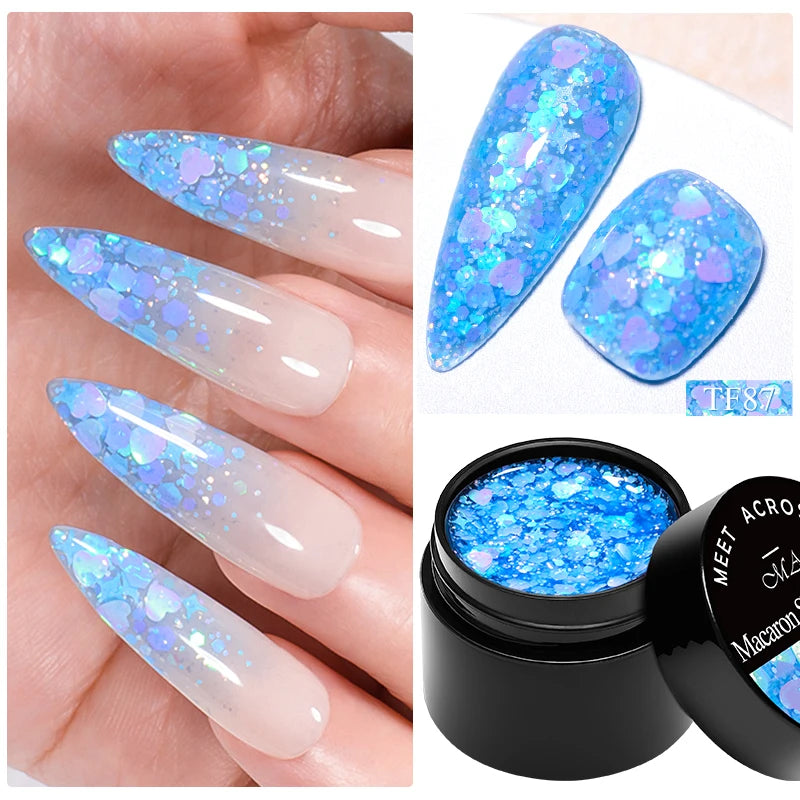 MEET ACROSS 8ml Macaron Glitter com Lantejoulas para Unhas, Esmalte em Gel com Corações Coloridos e Lantejoulas Irregulares, Gel para Arte em Unhas, Vernizes DIY