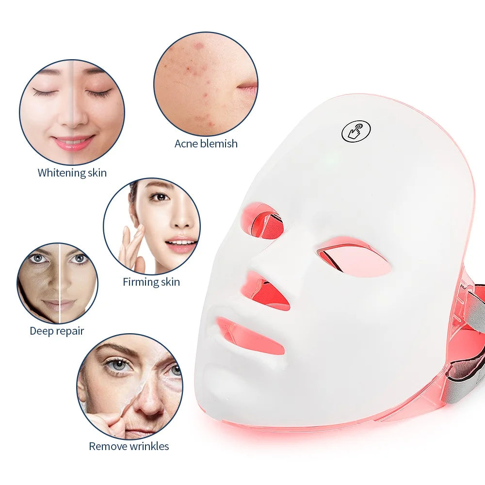 Máscara Facial LED Recarregável com 7 Cores, Terapia de Fotons LED, Máscara de Beleza para Rejuvenescimento da Pele, Levantamento Facial em Casa, Clareamento e Dispositivo de Beleza