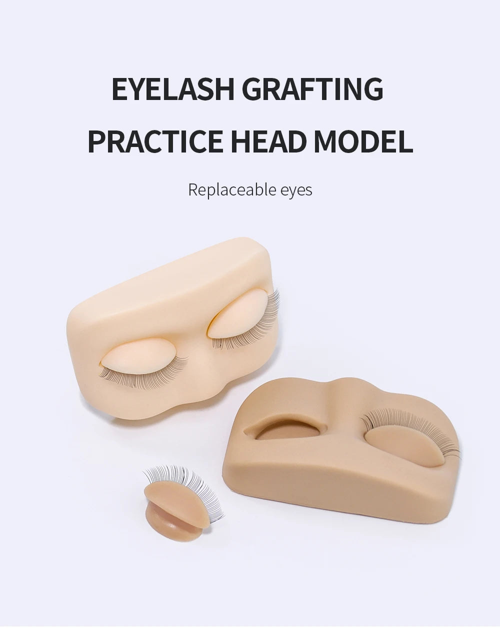 Cabeça de Treinamento para Extensão de Cílios GLAMLASH Mini - Modelo Plano com Pálpebras Removíveis para Prática.