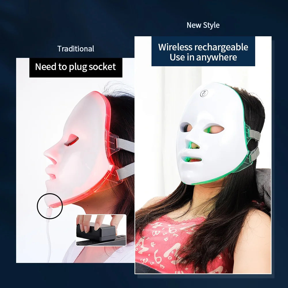 Máscara Facial LED Recarregável com 7 Cores, Terapia de Fotons LED, Máscara de Beleza para Rejuvenescimento da Pele, Levantamento Facial em Casa, Clareamento e Dispositivo de Beleza