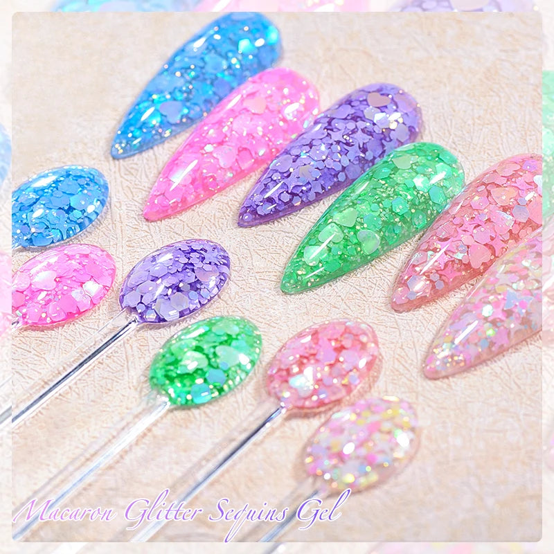 MEET ACROSS 8ml Macaron Glitter com Lantejoulas para Unhas, Esmalte em Gel com Corações Coloridos e Lantejoulas Irregulares, Gel para Arte em Unhas, Vernizes DIY