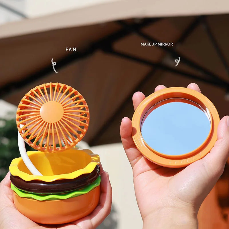 Mini Ventilador Portátil Fofo em Forma de Hambúrguer - Mini Ventilador USB de Mão com Espelho de Maquiagem Portátil - Ventilador de Mesa Recarregável para Escritório e Estudo no Verão**