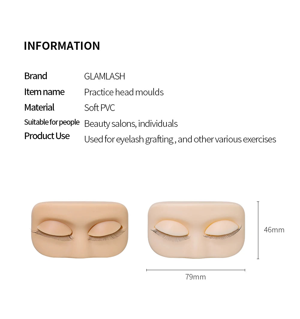 Cabeça de Treinamento para Extensão de Cílios GLAMLASH Mini - Modelo Plano com Pálpebras Removíveis para Prática.