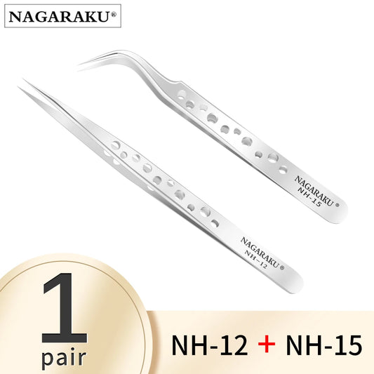 NAGARAKU Maquiagem Cílios Postiços Conjunto 2 peças N-01 N-02 Pinças para Cílios NH-12 NH-15 Cílios Precisos ST-12 ST-15 Pinça de Aço Inoxidável