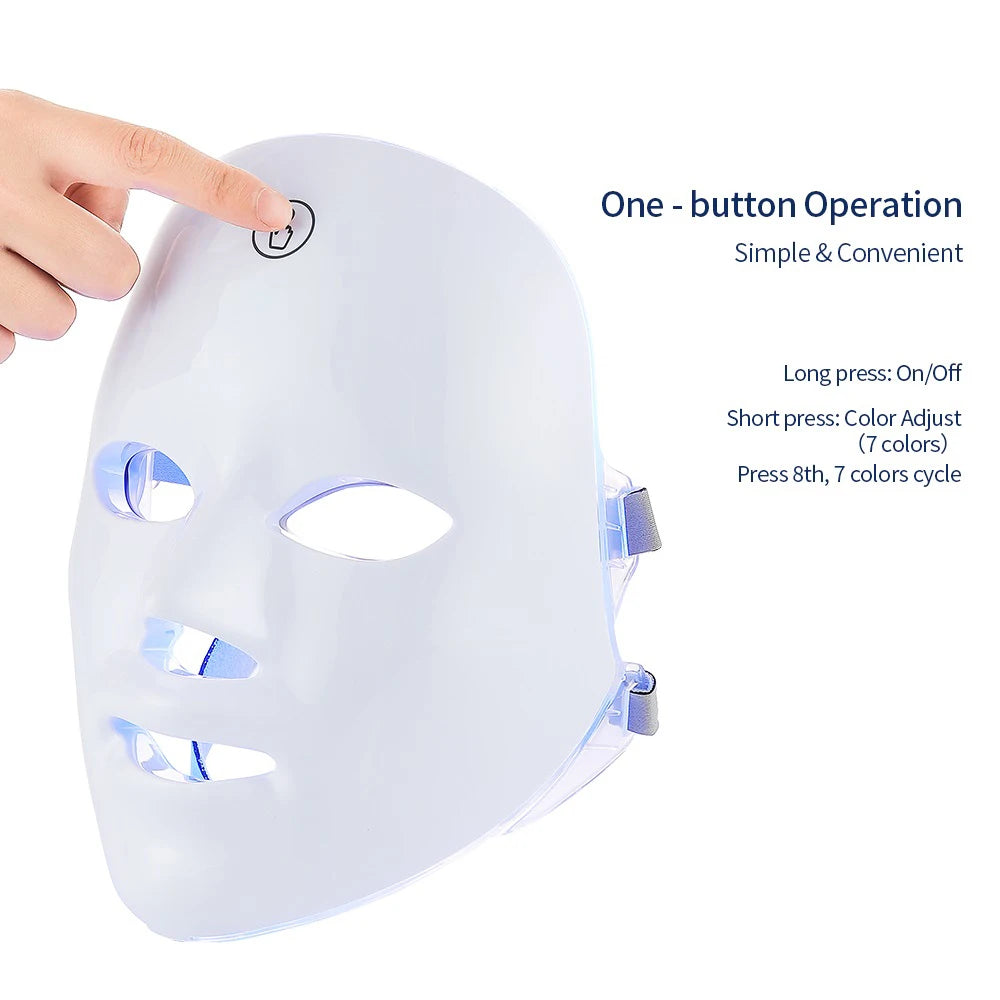 Máscara Facial LED Recarregável com 7 Cores, Terapia de Fotons LED, Máscara de Beleza para Rejuvenescimento da Pele, Levantamento Facial em Casa, Clareamento e Dispositivo de Beleza