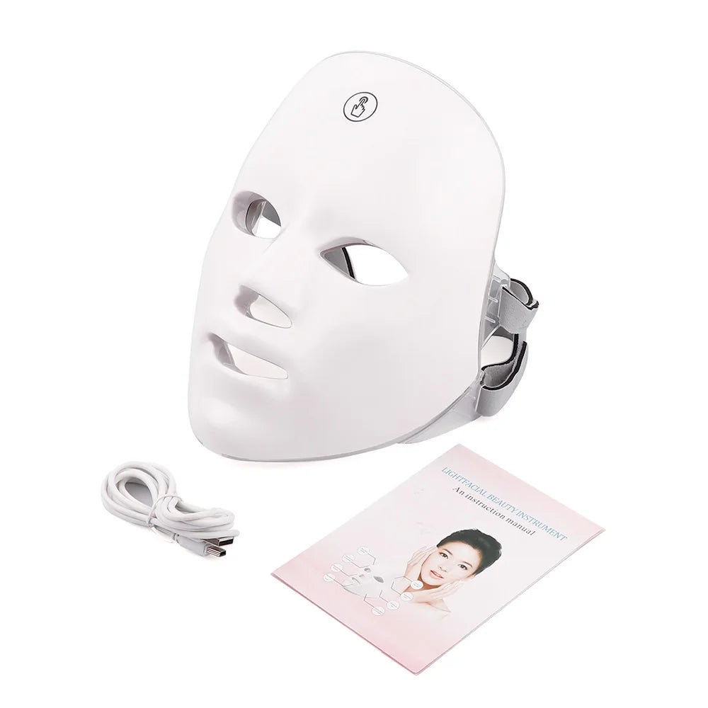 Máscara Facial LED Recarregável com 7 Cores, Terapia de Fotons LED, Máscara de Beleza para Rejuvenescimento da Pele, Levantamento Facial em Casa, Clareamento e Dispositivo de Beleza