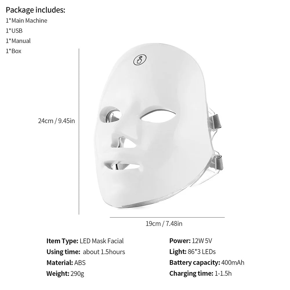 Máscara Facial LED Recarregável com 7 Cores, Terapia de Fotons LED, Máscara de Beleza para Rejuvenescimento da Pele, Levantamento Facial em Casa, Clareamento e Dispositivo de Beleza