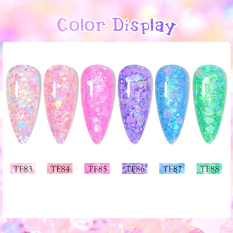 MEET ACROSS 8ml Macaron Glitter com Lantejoulas para Unhas, Esmalte em Gel com Corações Coloridos e Lantejoulas Irregulares, Gel para Arte em Unhas, Vernizes DIY