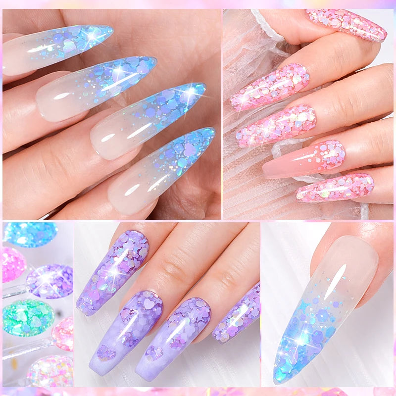 MEET ACROSS 8ml Macaron Glitter com Lantejoulas para Unhas, Esmalte em Gel com Corações Coloridos e Lantejoulas Irregulares, Gel para Arte em Unhas, Vernizes DIY