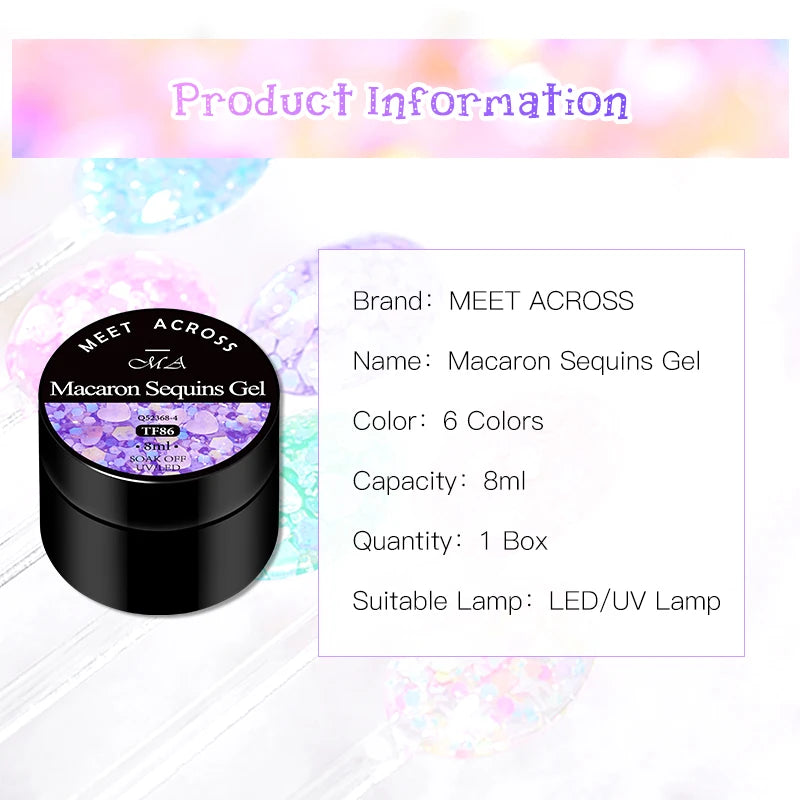 MEET ACROSS 8ml Macaron Glitter com Lantejoulas para Unhas, Esmalte em Gel com Corações Coloridos e Lantejoulas Irregulares, Gel para Arte em Unhas, Vernizes DIY