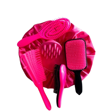 Kit 05 Escova Flex com Raquete Fashion Escova Mágica Massageador de Silicone e Touca de Cetim