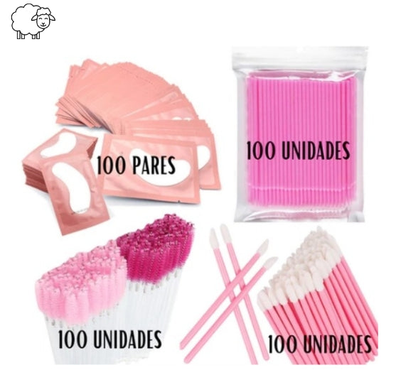 Kit 100 Pares de Gel Pads + 100 Escovinhas + 100 Microbrush + 100 Aplicador + Extensão De Cílios