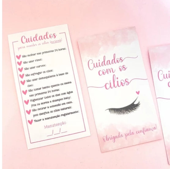 100 Cartões/tag de cuidados com extensão de cílios