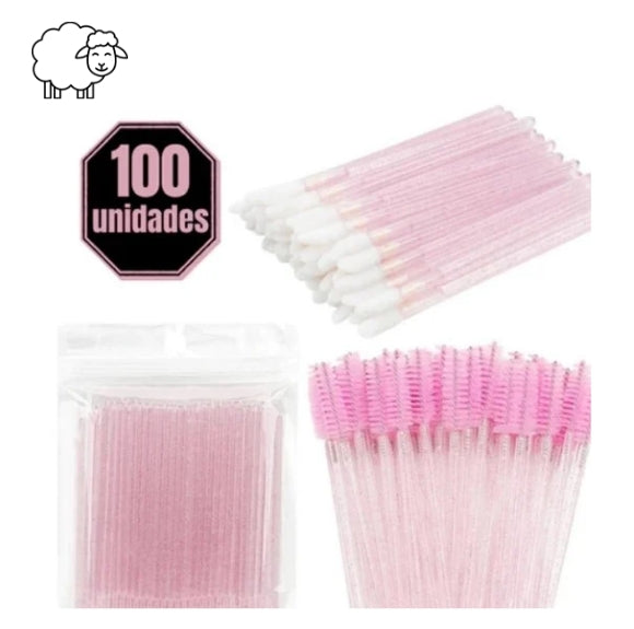 Kit 100 Escovinhas + 100 Microbrush + 100 Aplicador de Batom Alongamento de Cílios.