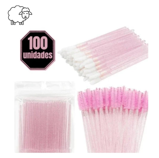 Kit 100 Escovinhas + 100 Microbrush + 100 Aplicador de Batom Alongamento de Cílios.