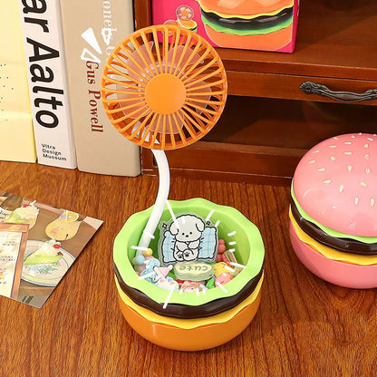Mini Ventilador Portátil Fofo em Forma de Hambúrguer - Mini Ventilador USB de Mão com Espelho de Maquiagem Portátil - Ventilador de Mesa Recarregável para Escritório e Estudo no Verão**