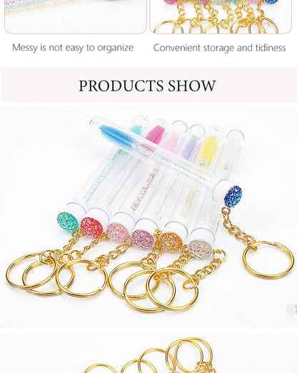 10 Peças Escova de Cílios em Tubo com Chaveiro Dourado e Glitter