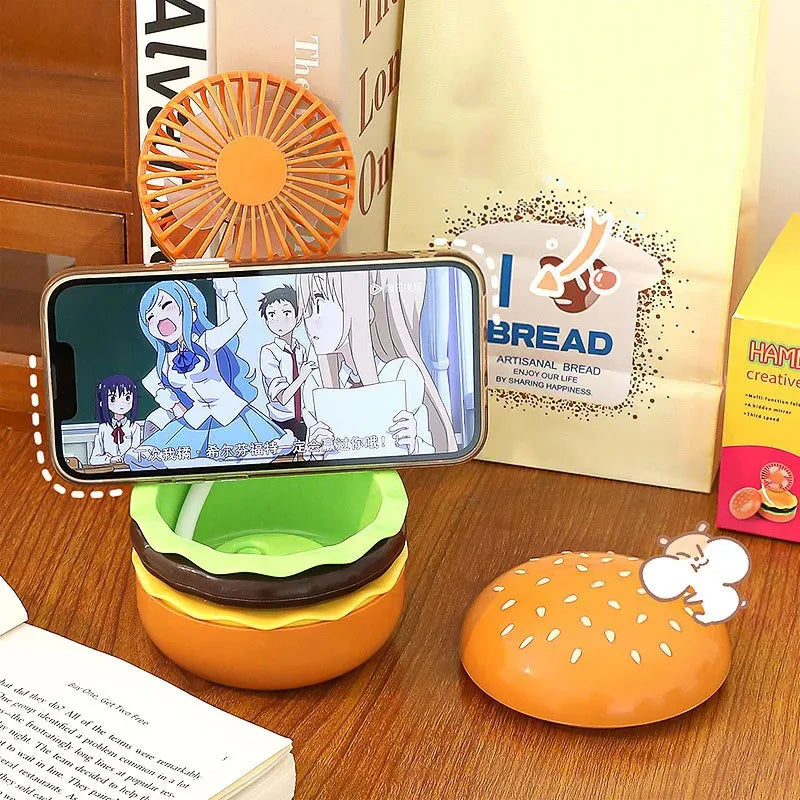 Mini Ventilador Portátil Fofo em Forma de Hambúrguer - Mini Ventilador USB de Mão com Espelho de Maquiagem Portátil - Ventilador de Mesa Recarregável para Escritório e Estudo no Verão**