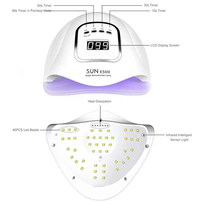 Lâmpada de Secagem para Unhas LED UV 120W para Cura de Esmalte em Gel – 45 LEDs, Secador de Unhas Profissional com Temporizador e Sensor Automático, Ferramentas para Manicure e Pedicure