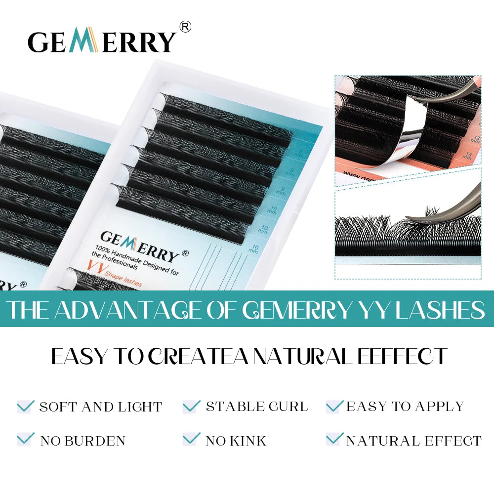 Extensões de Cílios GEMERRY YY, Curva em L, Olho de Raposa, Dicas Duplas, Volume Premade em Forma de Ventilador 2D, Tipo YY, Natural, Matte Black, Suprimentos para Cílios