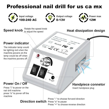 Aparador de Unhas Elétrico Profissional, Máquina de Broca para Unhas, Arquivo Elétrico para Unhas, Baixo Nível de Ruído, Ideal para Manicure de Acrílico e Arte em Gel