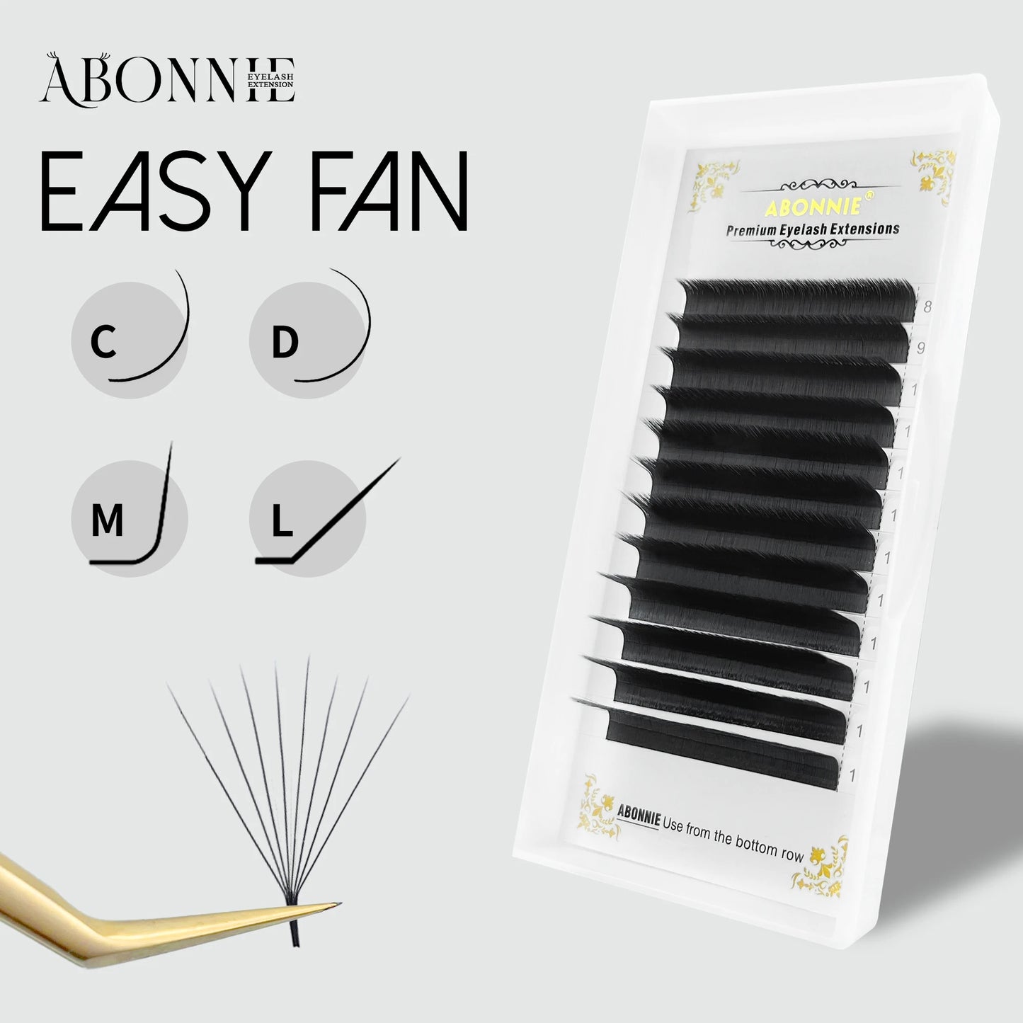 Abonnie cílios com curvatura M/L, fácil de criar volume, cílios mega volume, fãs automáticos de fácil aplicação, efeito de florescimento para volume
