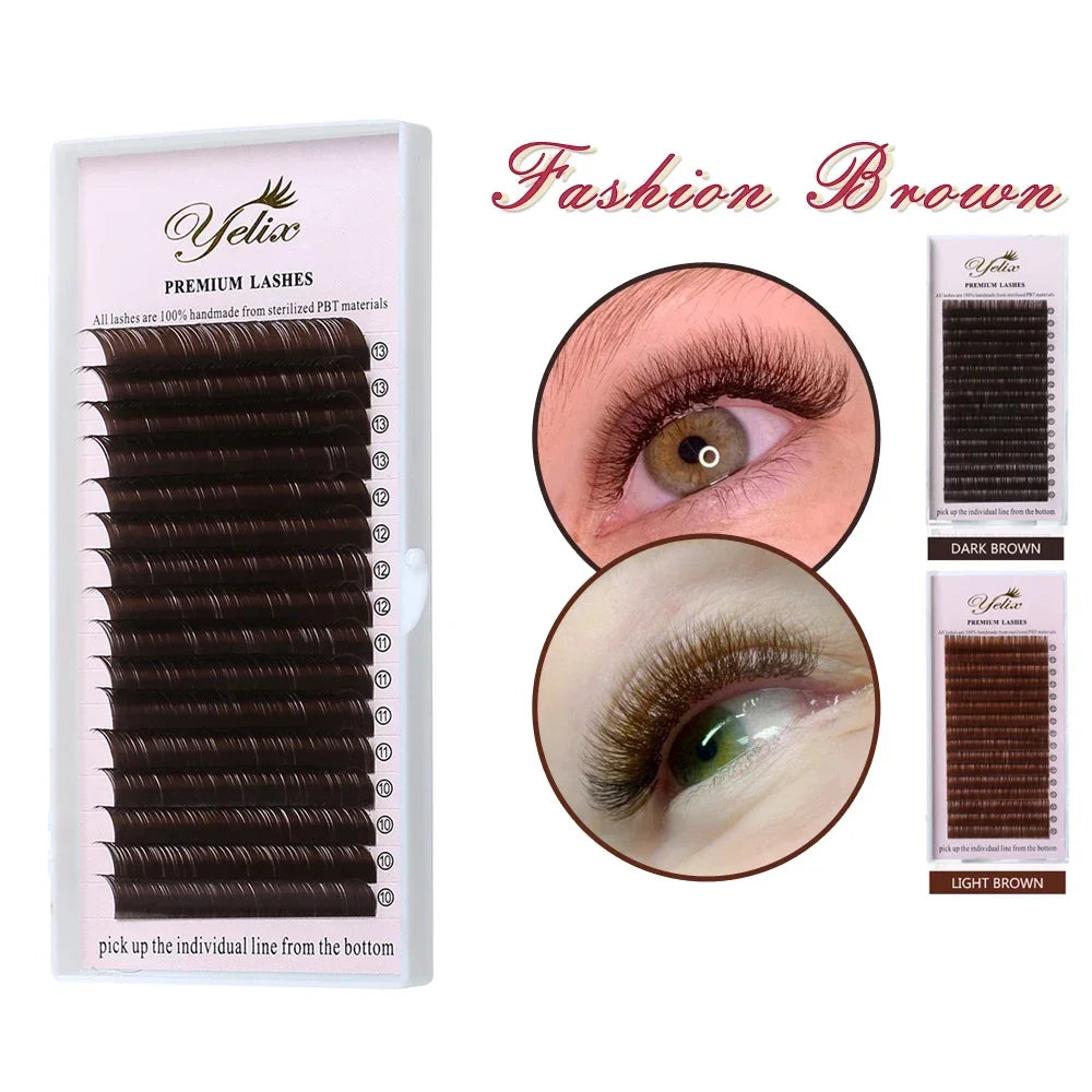 Yelix Cílios para Extensão 0,07mm Marrom Escuro, Mistura de 7-15mm, Cílios Marrons Individuais, Macios e de Alta Qualidade, Cílios de Vison Falsos