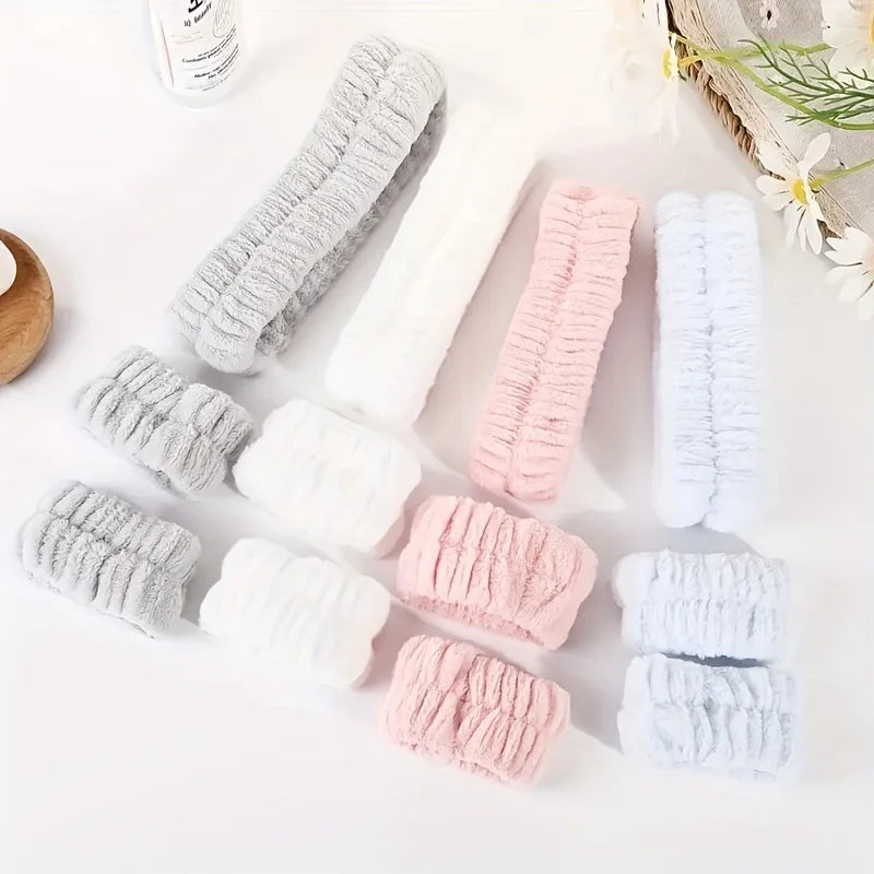 Conjunto de Faixas para Cabelo de Veludo Coral - Alta Elasticidade, para Maquiagem, Lavagem do Rosto, Máscara Facial e Cuidados com a Pele