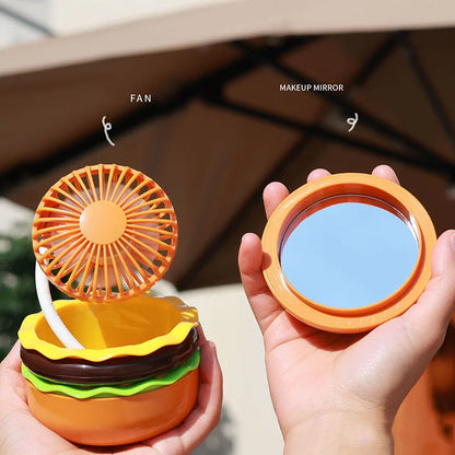 Mini Ventilador Portátil Fofo em Forma de Hambúrguer - Mini Ventilador USB de Mão com Espelho de Maquiagem Portátil - Ventilador de Mesa Recarregável para Escritório e Estudo no Verão**
