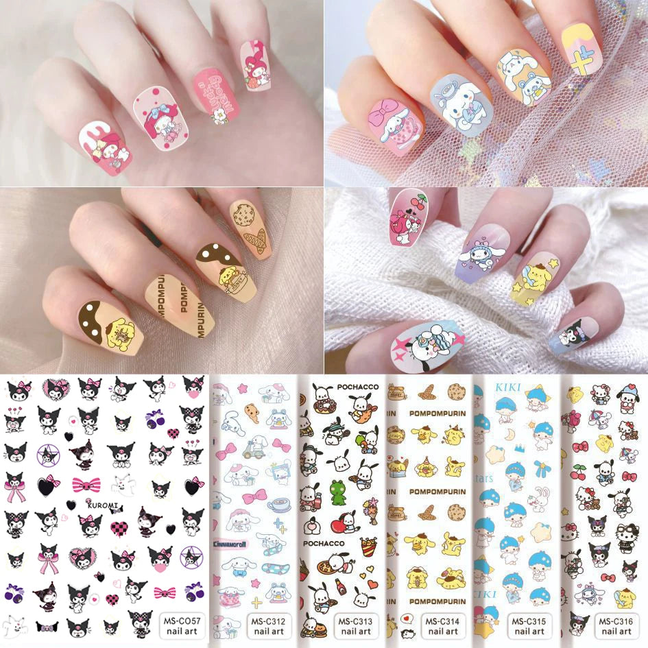 Adesivos para Unhas 3D Sanrio Kawaii - Cinnamoroll, Hello Kitty, My Melody, Kuromi, Decoração para Unhas