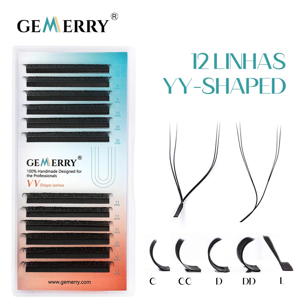 Extensões de Cílios GEMERRY YY, Curva em L, Olho de Raposa, Dicas Duplas, Volume Premade em Forma de Ventilador 2D, Tipo YY, Natural, Matte Black, Suprimentos para Cílios