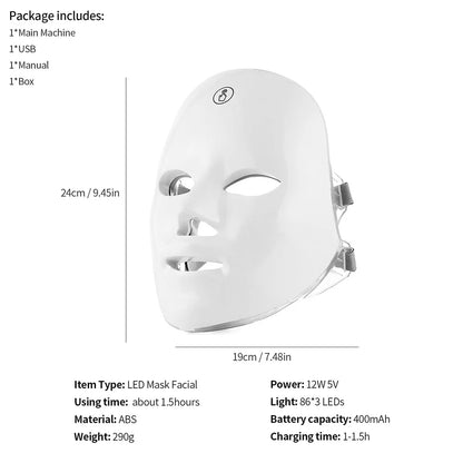 Máscara Facial LED Recarregável com 7 Cores, Terapia de Fotons LED, Máscara de Beleza para Rejuvenescimento da Pele, Levantamento Facial em Casa, Clareamento e Dispositivo de Beleza