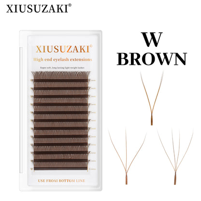 Cílios Extensores Brown W em Forma de W, 2D, 3D, 4D, Fãs Prontos Automaticamente em Flor, Cílios Individuais Naturais, Macios e Leves